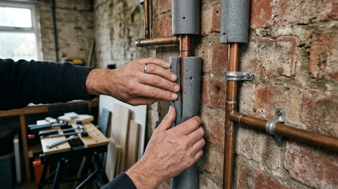 Hands using a hairdryer to thaw a frosted copper pipe in an attic