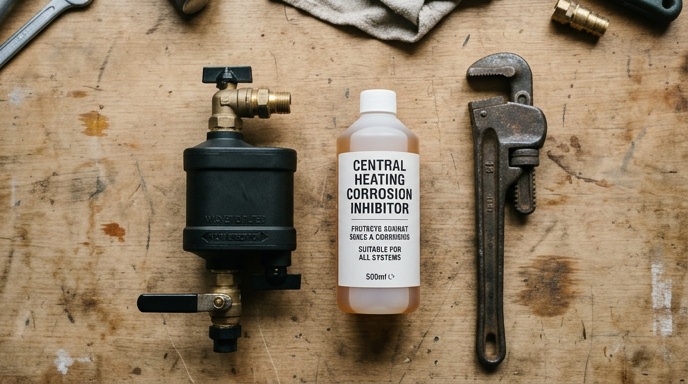 Hand checking a cold spot at the bottom of a warm radiator