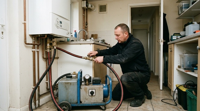 Black magnetite sludge draining from a heating radiator into a clear container