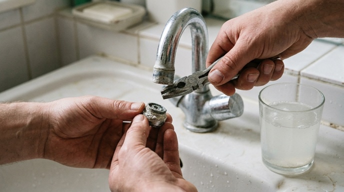 Homeowner turning a brass main stopcock valve under a kitchen sink