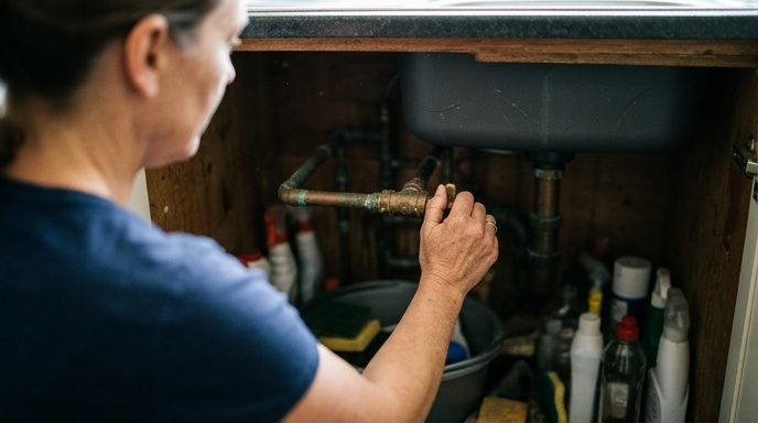 Weak trickle of water from a chrome kitchen tap over a stainless steel sink